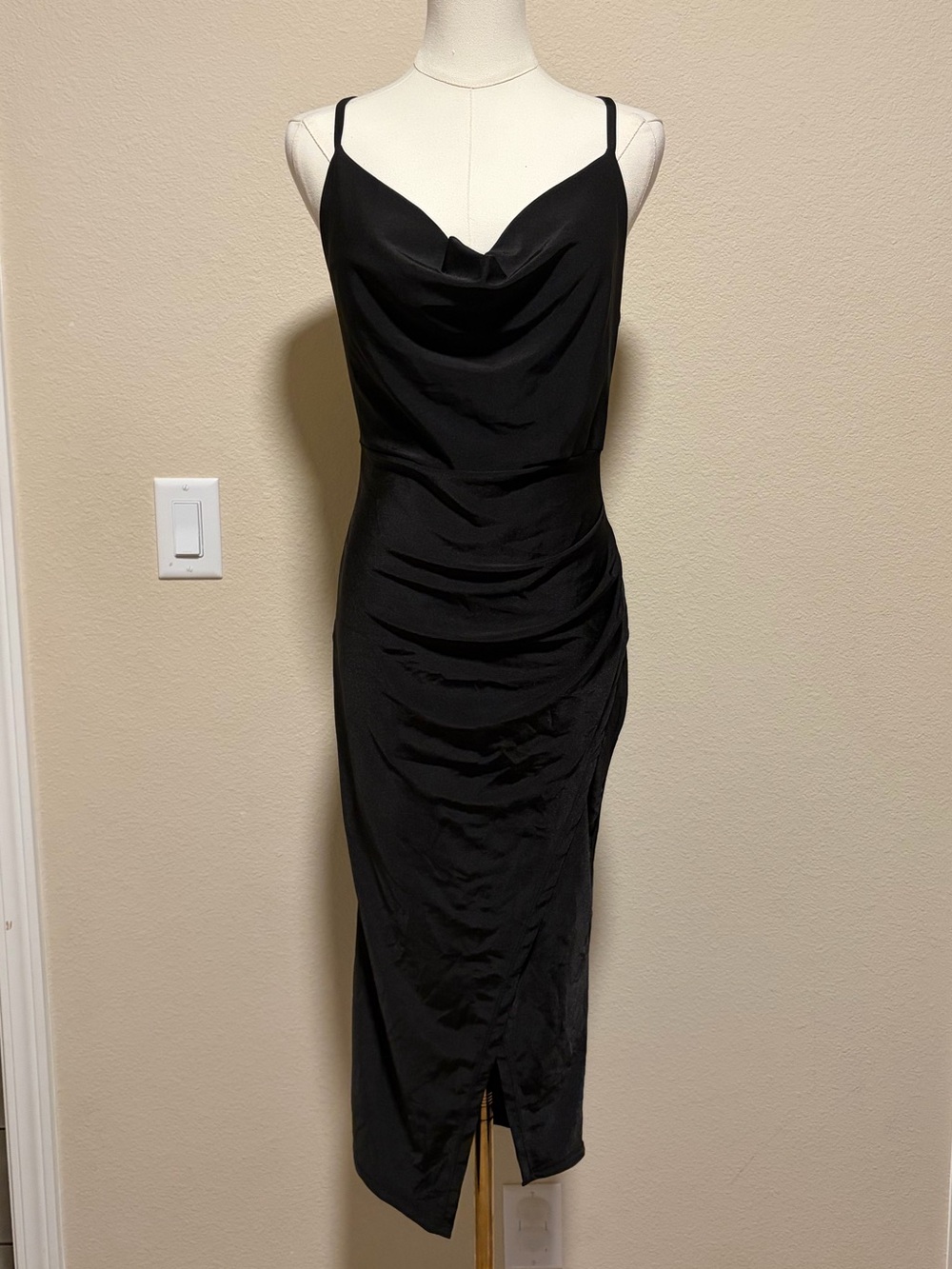 Sleek Black Cowl-Neck Midi Dress with Cross-Back Straps